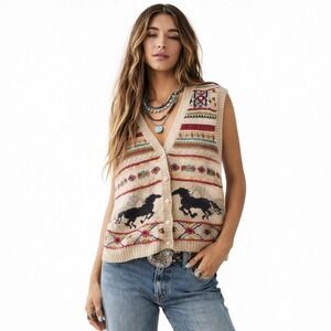Southwestern Boho Horse Knit‎ Vest Sz L